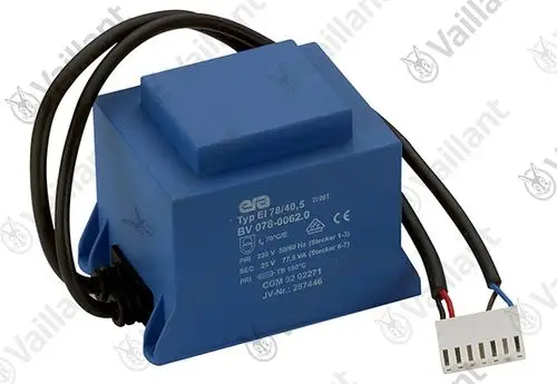 Transformator in blauer Gehäusefarbe mit zwei Anschlusskabeln. Hersteller Vaillant, geeignet für Heizungsanlagen. Modelinformationen auf der Vorderseite sichtbar.
